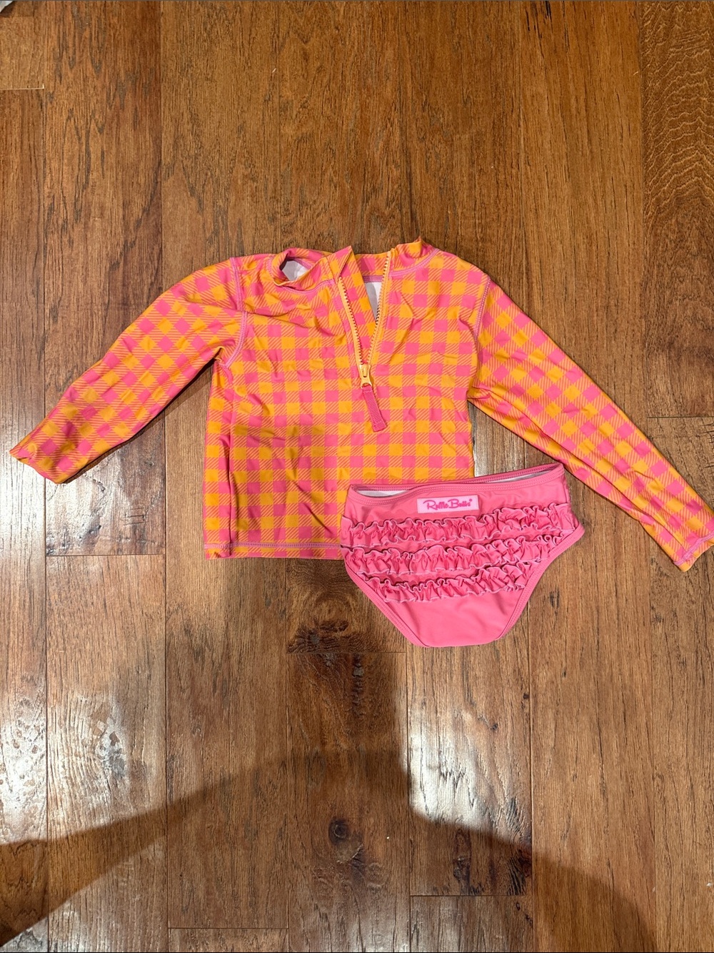 Ruffle Butts Pink & Yellow Gingham Rashguard Set with Ruffle Swim Bottoms